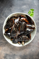 mussels in shell seafood fresh healthy meal food snack diet on the table copy space food background rustic top view keto or paleo pescatarian diet