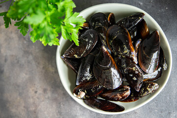 mussels in shell seafood fresh healthy meal food snack diet on the table copy space food background rustic top view keto or paleo pescatarian diet