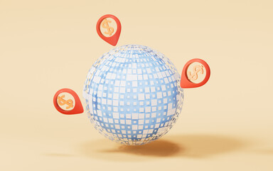 Digital data sphere with money mark, 3d rendering.