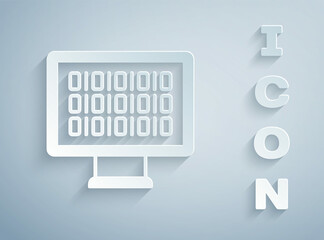 Paper cut Binary code icon isolated on grey background. Paper art style. Vector