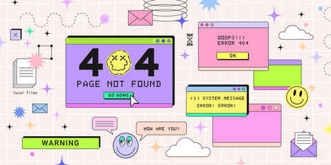 Fototapeta Old computer browser in 90s vaporwave style with smile face hipster stickers. Retrowave pc desktop with 404 error message boxes and popup user interface elements, Vector illustration of UI obraz