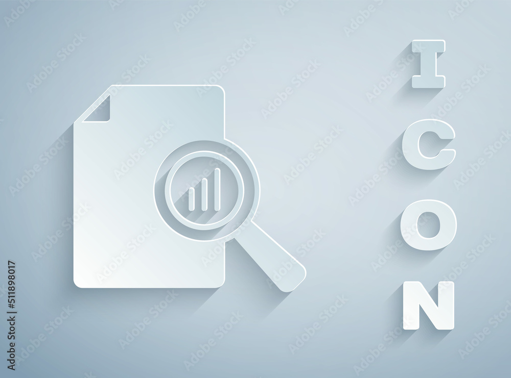 Poster paper cut document with graph chart icon isolated on grey background. report text file icon. account