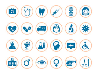 Medicine icons. Set of round medical symbols