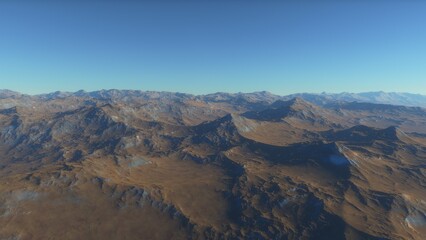 Mars like red planet, with arid landscape, rocky hills and mountains, for space exploration and science fiction backgrounds.
