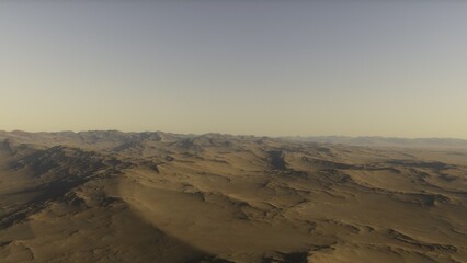 Mars like red planet, with arid landscape, rocky hills and mountains, for space exploration and science fiction backgrounds.
