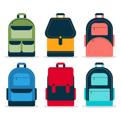 Set of backpack or school bag of different forms and colours. Vector illustration of education objects for pupils and students such as rucksack, haversack or satchel to go at school or college. - obrazy, fototapety, plakaty