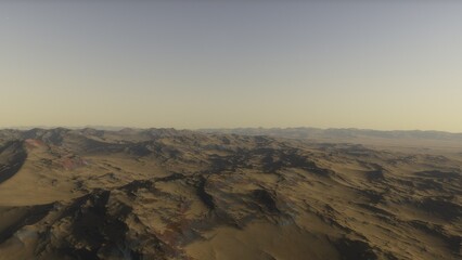 Mars like red planet, with arid landscape, rocky hills and mountains, for space exploration and science fiction backgrounds.
