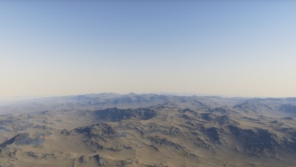 Mars like red planet, with arid landscape, rocky hills and mountains, for space exploration and science fiction backgrounds.
