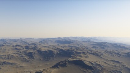 Mars like red planet, with arid landscape, rocky hills and mountains, for space exploration and science fiction backgrounds.
