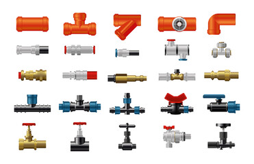 Collection of valves and fittings for gas and water pipes. Plumbing equipment. Realistic detailed style.