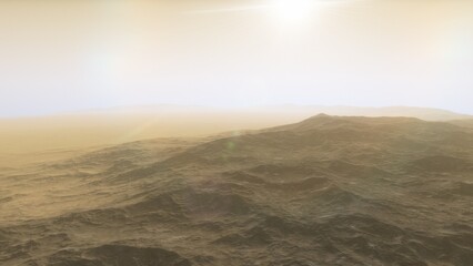 Mars like red planet, with arid landscape, rocky hills and mountains, for space exploration and science fiction backgrounds.
