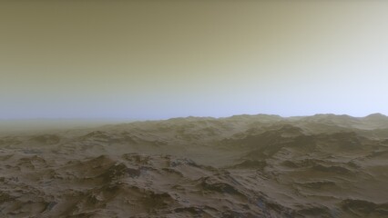 Mars like red planet, with arid landscape, rocky hills and mountains, for space exploration and science fiction backgrounds.
