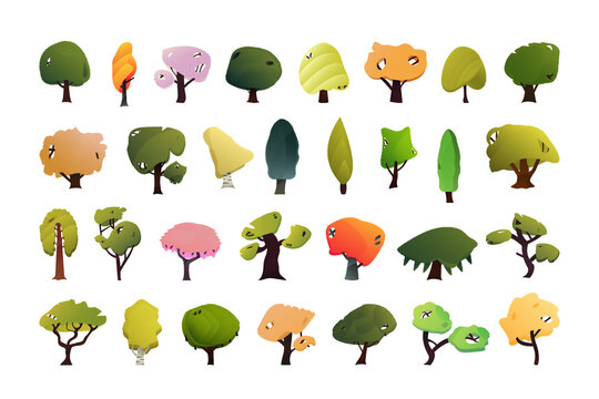 Vector collection of trees in a modern style. Cartoon drawing.