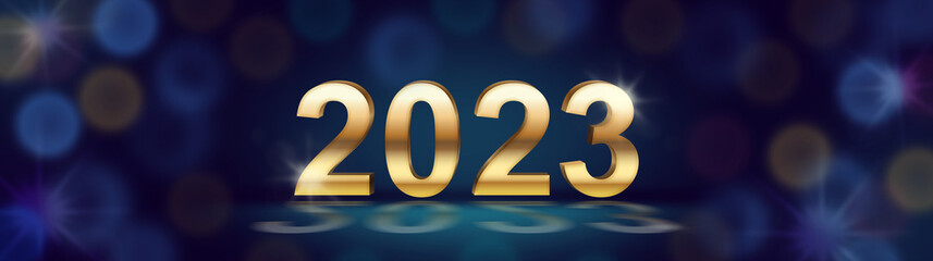 New year 2023 background greeting card. New Year`s banner for the site header. Golden numbers 2023 in the center of the congratulatory banner and blurred highlights 