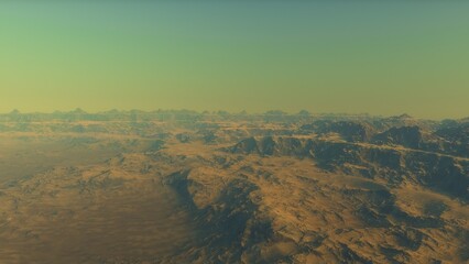 Naklejka premium Mars like red planet, with arid landscape, rocky hills and mountains, for space exploration and science fiction backgrounds. 