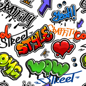 Street wall graffiti art seamless pattern. Grange teenager urban print. Doodle words. Hip hop style print design.