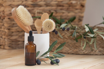 Face care and skin care, health and beauty concept with copy space. Scandinavian kitchen interior. Surface of a wooden table.