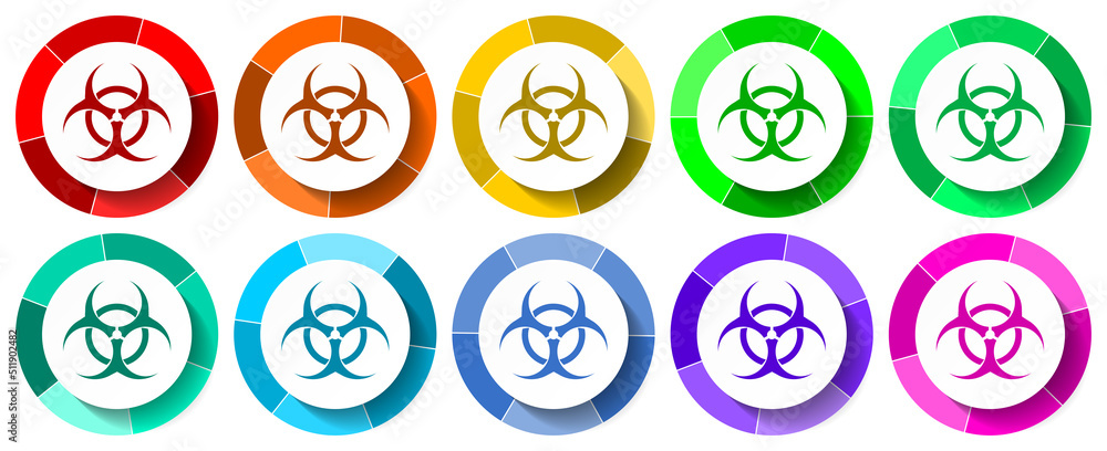 Aufkleber biohazard icon set, virus flat design vector illustration in 10 colors options for mobile applicatio