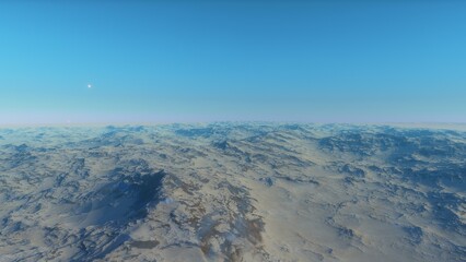 Mars like red planet, with arid landscape, rocky hills and mountains, for space exploration and science fiction backgrounds.
