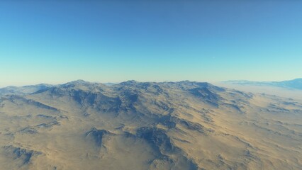 Mars like red planet, with arid landscape, rocky hills and mountains, for space exploration and science fiction backgrounds.
