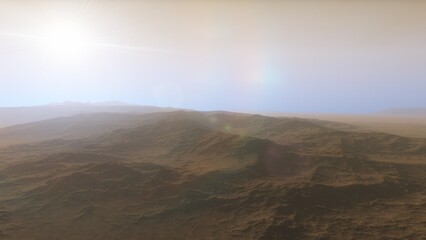 Mars like red planet, with arid landscape, rocky hills and mountains, for space exploration and science fiction backgrounds.

