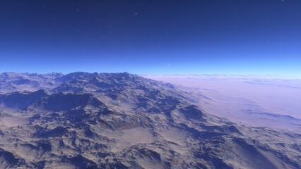 Mars like red planet, with arid landscape, rocky hills and mountains, for space exploration and science fiction backgrounds.
