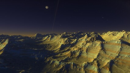 Mars like red planet, with arid landscape, rocky hills and mountains, for space exploration and science fiction backgrounds.
