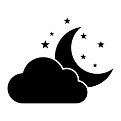 Night icon. Vector illustration of moon, cloud and stars. Evening sky symbol isolated on white background. Weather forecast pictogram. Dreams and bed time concept.