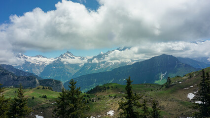 Jungfrau region mountain range view from Daube trail in Bernese Oberland, Canton Bern, Switzerland.