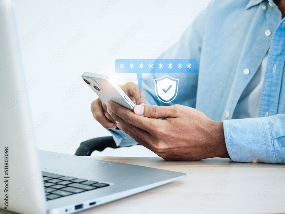 Poster two factor authentication concept. virtual safety shield icon while access on phone with laptop for 