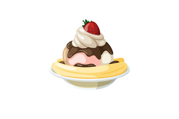 Classic banana split with vanilla, strawberry, and chocolate ice cream isolated on a white background.