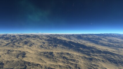 Mars like red planet, with arid landscape, rocky hills and mountains, for space exploration and science fiction backgrounds.
