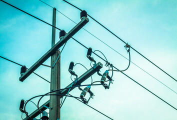 Electric poles, cables and electric poles systematically arranged, electrical and lightning poles...