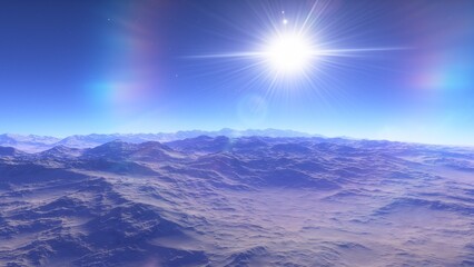 Mars like red planet, with arid landscape, rocky hills and mountains, for space exploration and science fiction backgrounds.
