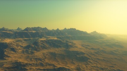 Mars like red planet, with arid landscape, rocky hills and mountains, for space exploration and science fiction backgrounds.
