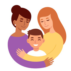 Gay couple, two mothers hugging child