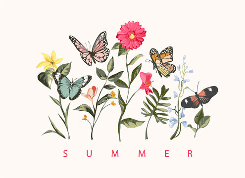 Summer Slogan With Colorful Flowers And Butterflies Vector Illustration