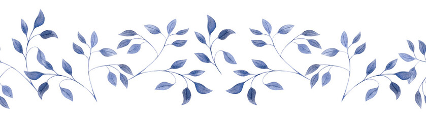 Fototapeta na wymiar Seamless watercolor border with blue small twigs of leaves on a white background. Botanical illustration for postcards, design, packaging, fabrics