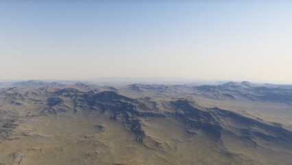 Mars like red planet, with arid landscape, rocky hills and mountains, for space exploration and science fiction backgrounds.
