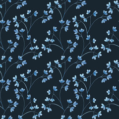 Watercolor seamless pattern with blue leaf twigs, small leaves on a dark background. Botanical illustration for fabrics, dresses, interiors