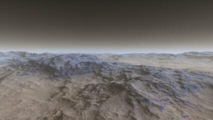 Mars like red planet, with arid landscape, rocky hills and mountains, for space exploration and science fiction backgrounds.
