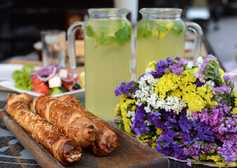Table with lemonade and khachapuri