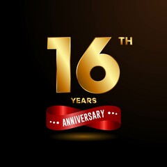 16 years anniversary logo with red ribbon for booklet, leaflet, magazine, brochure poster, banner, web, invitation or greeting card. Vector illustrations.