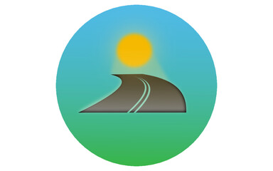 Grafika wektorowa przedstawiającą czarną drogę, skręcającą w lewo, prowadzącą ku słońcu. Jest umieszczona na niebiesko  - zielonym tle. - obrazy, fototapety, plakaty