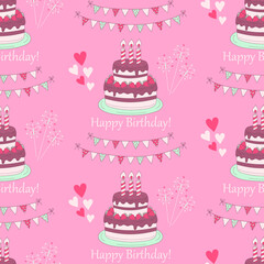 Happy Birthday party vector seamless pink background with birthday cake, balloons, and bunting flags.