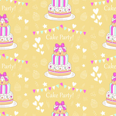 Happy Birthday party vector seamless background with colorful birthday cake and bunting flags.
