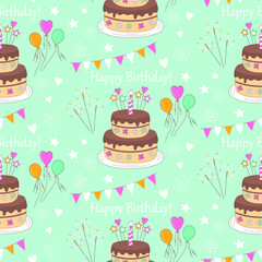 Happy Birthday party vector seamless blue background with birthday cake, balloons, and bunting flags.