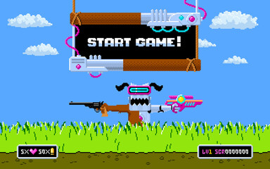 Start game screen in pixel art design. 8bit game vector background