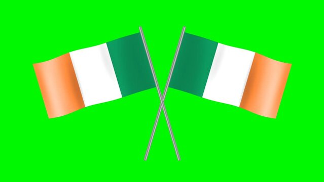Waving two crossed flag of Ireland animation with steel pole isolated on green screen.
