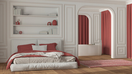 Neoclassic bedroom and bathroom in white and red tones. Modern bed and freestanding bathtub, arched walls with curtains. Molded walls and parquet. Classic interior design
